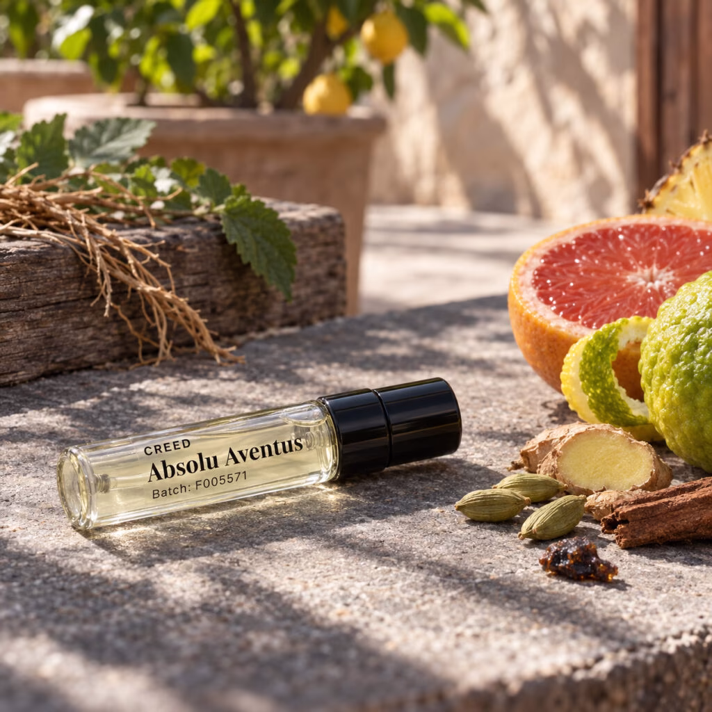 Absolu Aventus decant in a fragrance-inspired photographic scene