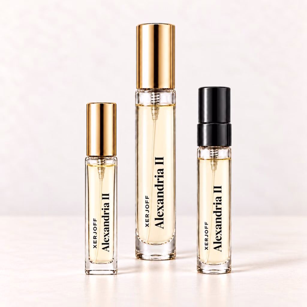 Xerjoff Alexandria II in a regular vial, slim rectangular premium5ml and round premium10ml, with transparent labels.