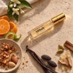 Althaïr gold decant with vanilla, praline, citrus and spices on pale stone