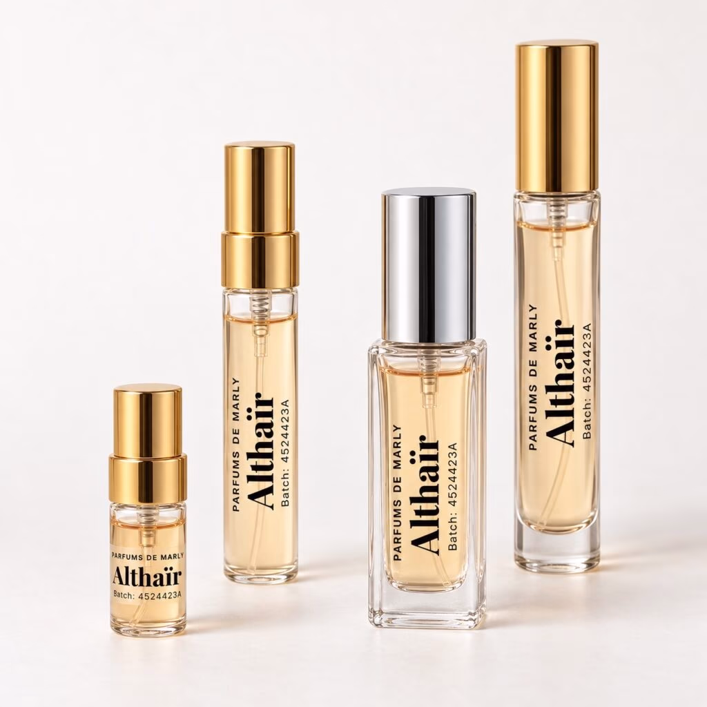 Althaïr four decants including 2ml with transparent labels and gold and silver caps