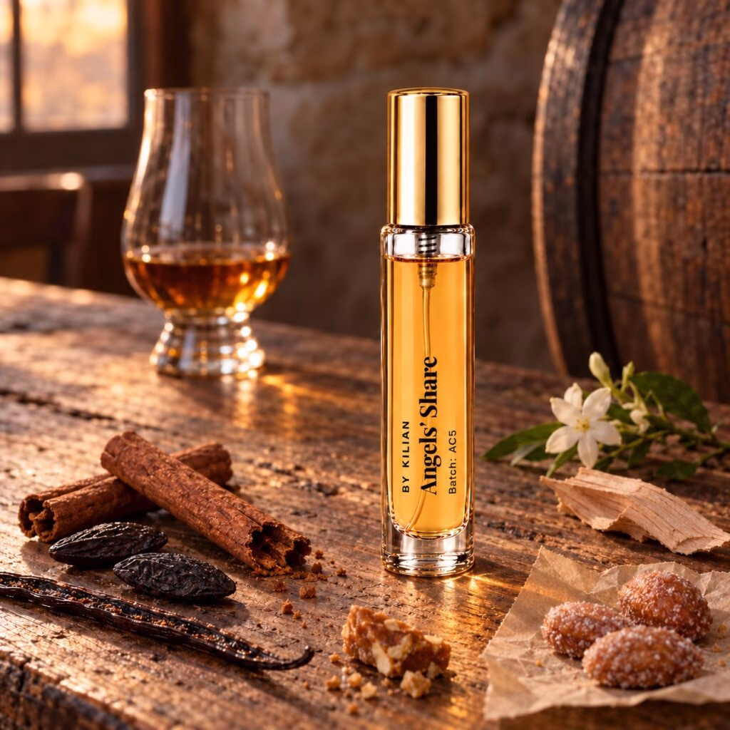 Gold-capped Angels Share decant with cognac, cinnamon, vanilla and praline on oak