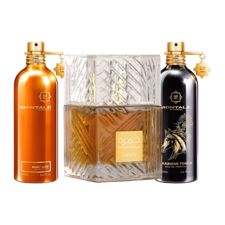 Arab Date Nights For Him: Montale Honey oud, Lattafa Khamrah and Montale Arabians Tonka bottles