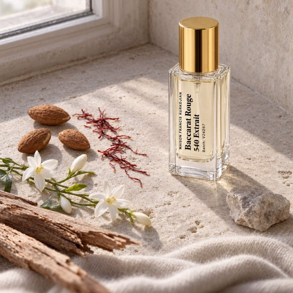Baccarat Rouge 540 Extrait par Maison Francis Kurkdjian décantation dans une scène photographique inspirée par le parfum