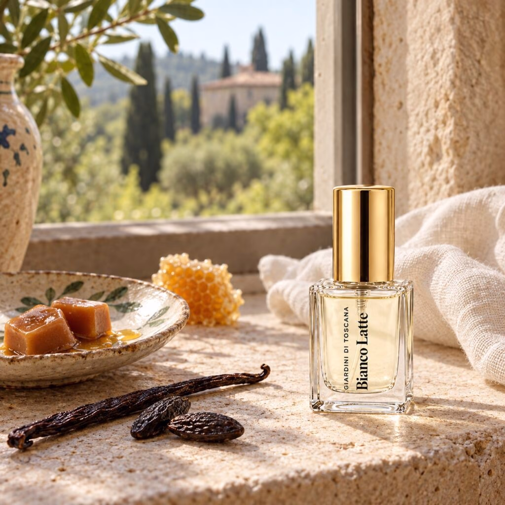 A gold-capped Bianco Latte decant beside caramel, honeycomb, vanilla and tonka on a Tuscan kitchen windowsill.