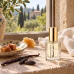 A gold-capped Bianco Latte decant beside caramel, honeycomb, vanilla and tonka on a Tuscan kitchen windowsill.