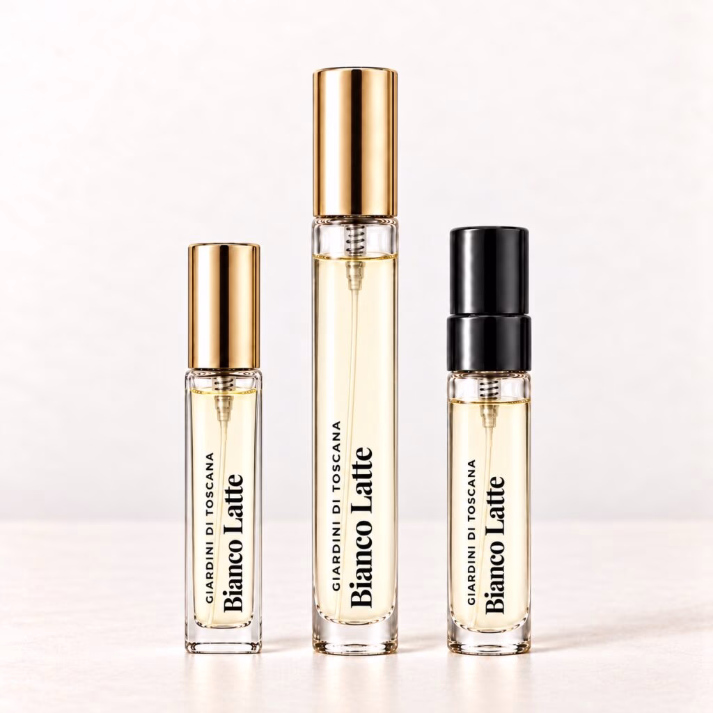 Giardini di Toscana Bianco Latte in three clear-labelled decants: a regular vial, slim rectangular premium 5 ml and round premium 10 ml.