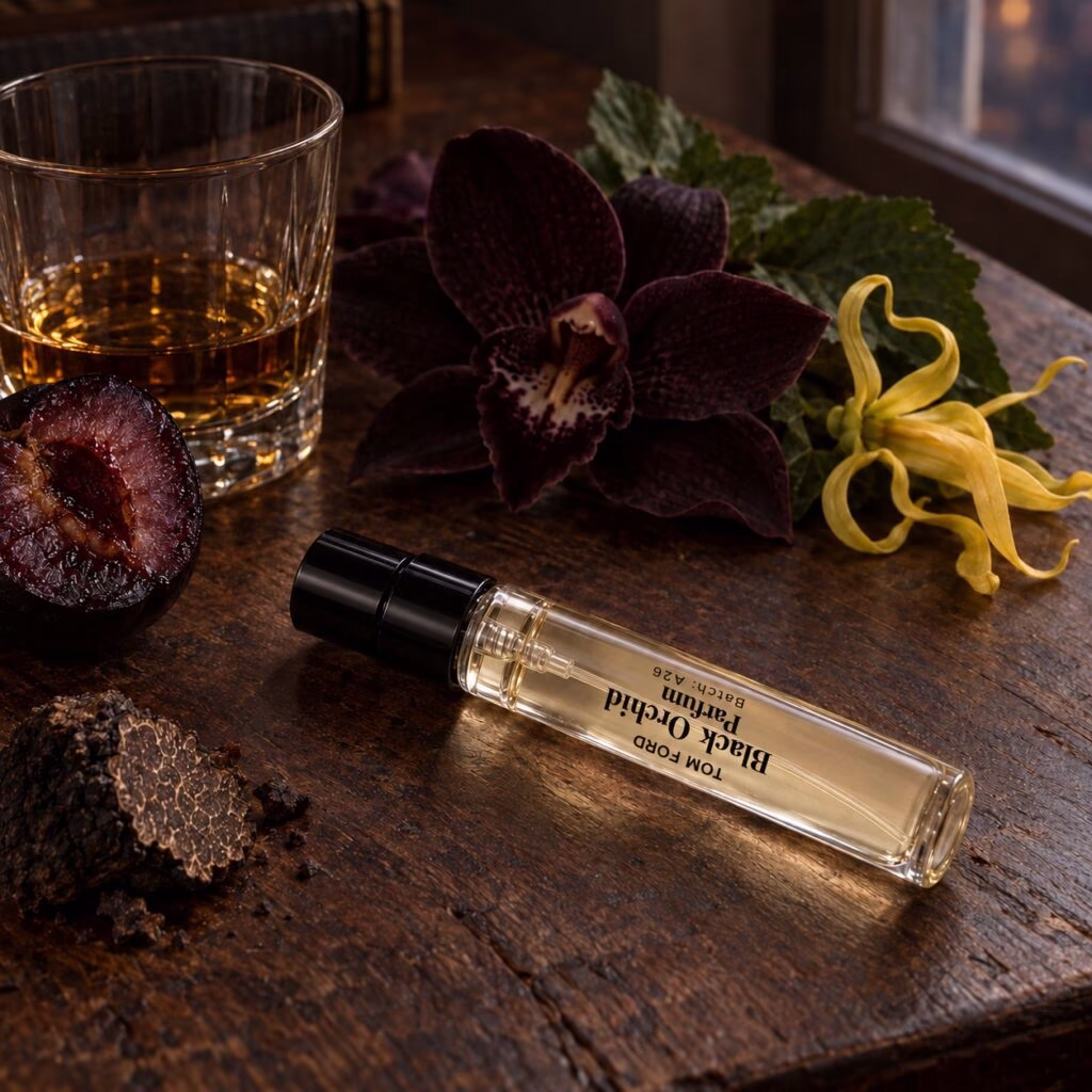 Black Orchid Parfum di Tom Ford decantazione in una scena fotografica ispirata alla fragranza