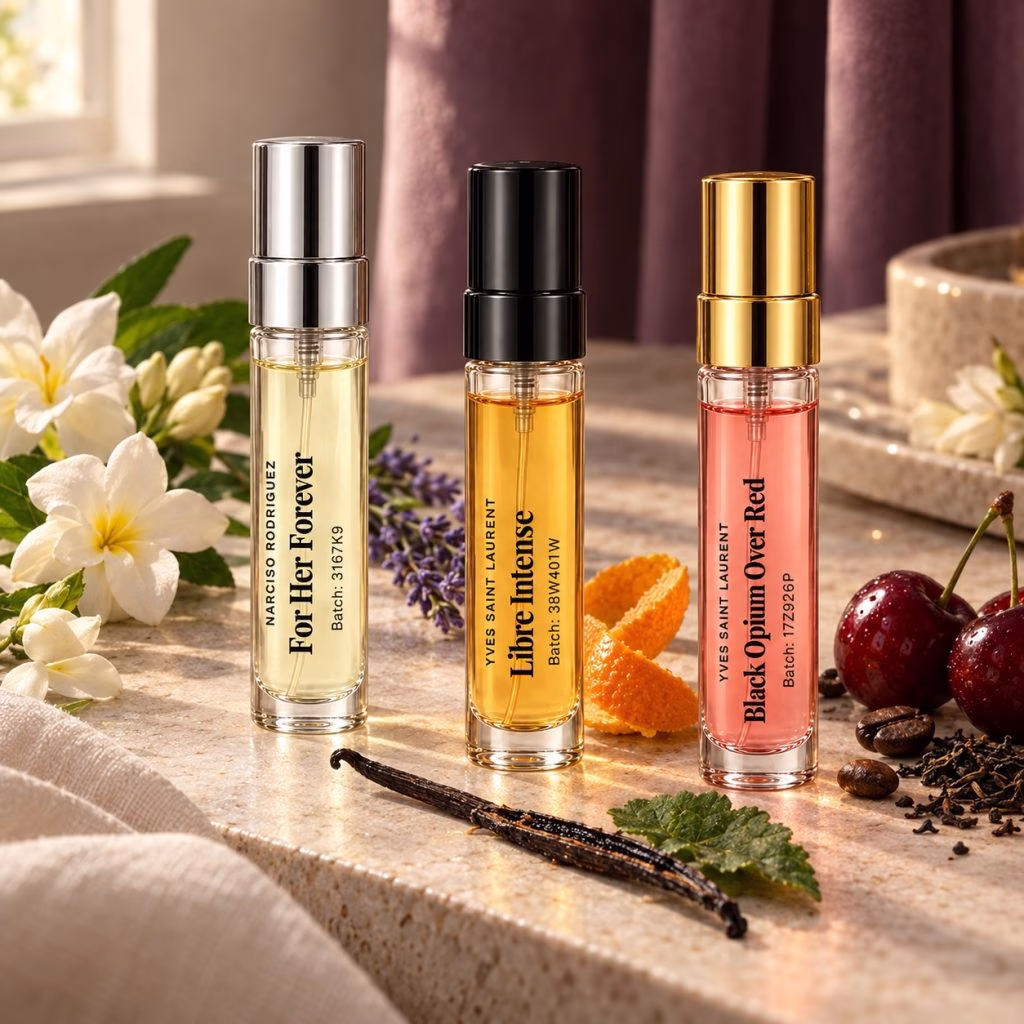Compliment Magnets For Her: clear-labelled decants of For Her Forever, Libre Intense, Black Opium Over Red in a natural scene evoking their fragrance notes.