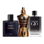 Compliment Magnets For Him: Chanel Bleu de Chanel Parfum, Jean Paul Gaultier Le Male Elixir Parfum and Giorgio Armani Acqua Di Gio Homme Parfum bottles