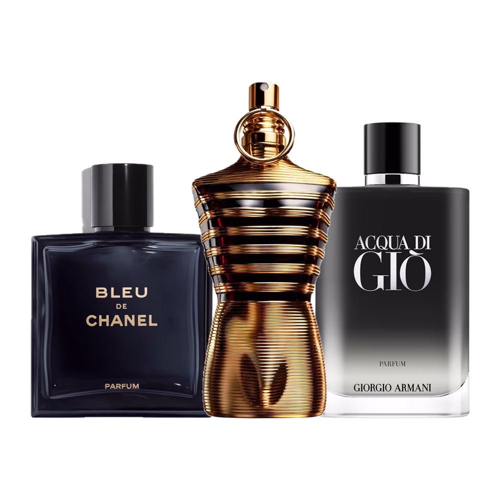 Compliment Magnets For Him Compliment Magnets For Him: Chanel Bleu de Chanel Parfum, Jean Paul Gaultier Le Male Elixir Parfum and Giorgio Armani Acqua Di Gio Homme Parfum bottles