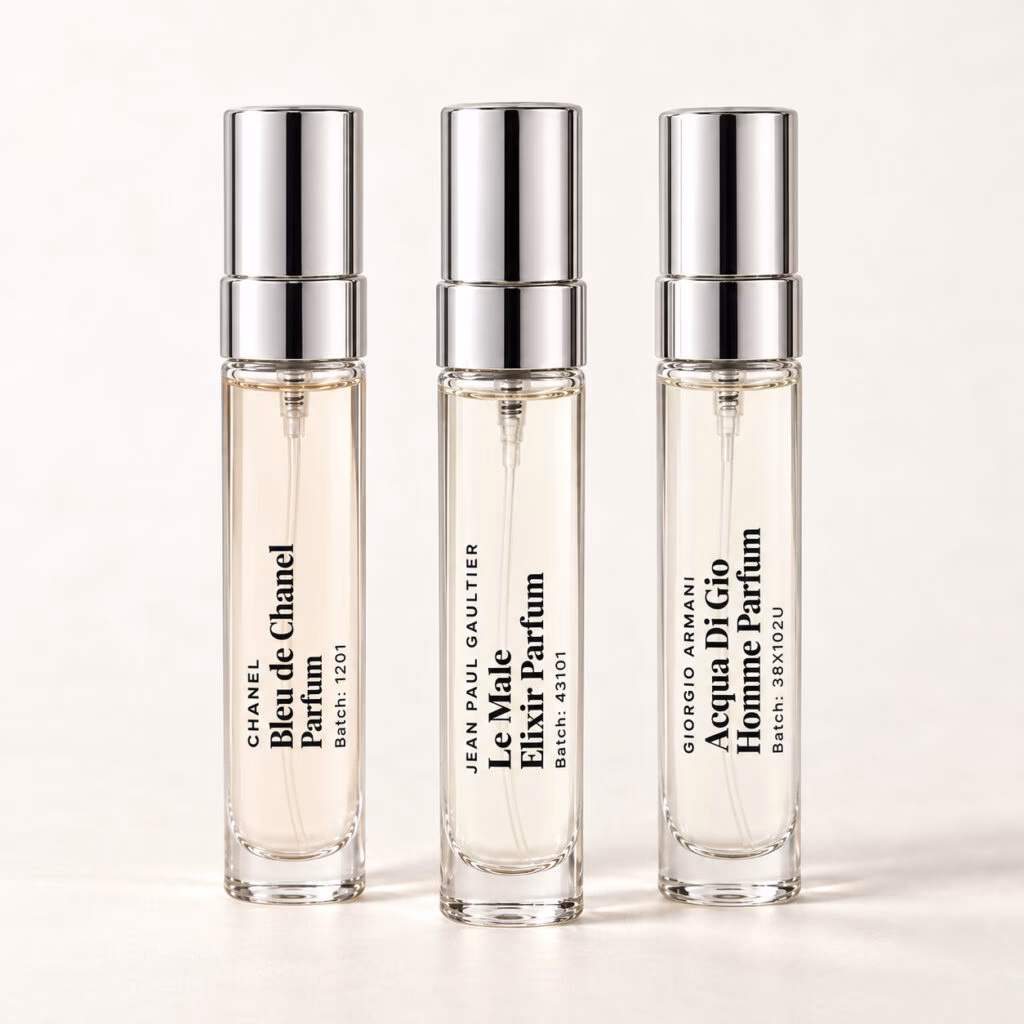 Compliment Magnets For Him: three labelled fragrance decants