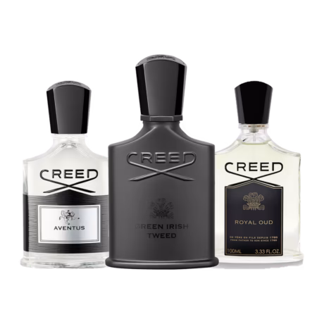 InCREEDible Trio For Him: Creed Aventus, Creed Green Irish Tweed and Creed Royal Oud bottles