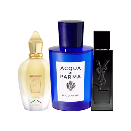 Day to Night Trio For Him: Xerjoff Naxos, Acqua Di Parma B. M. Fico di Amalfi and Yves Saint Laurent MYSLF bottles