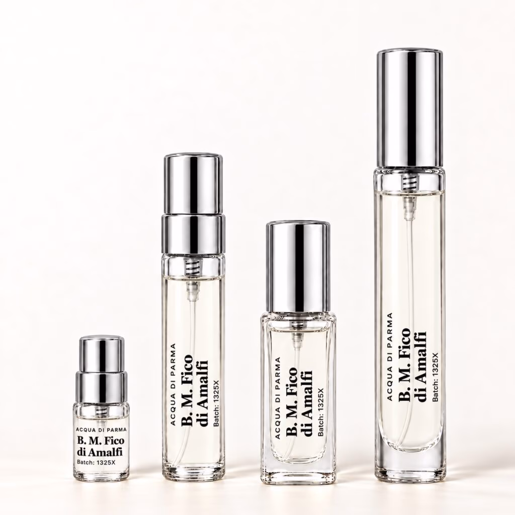 Colección de decantaciones de Fico di Amalfi Four Fico di Amalfi decants with transparent labels and silver caps