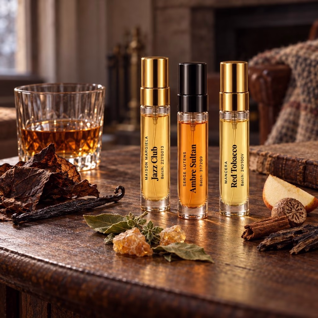 Fireside Trio: clear-labelled decants of Jazz Club, Ambre Sultan, Red Tobacco in a natural scene evoking their fragrance notes.