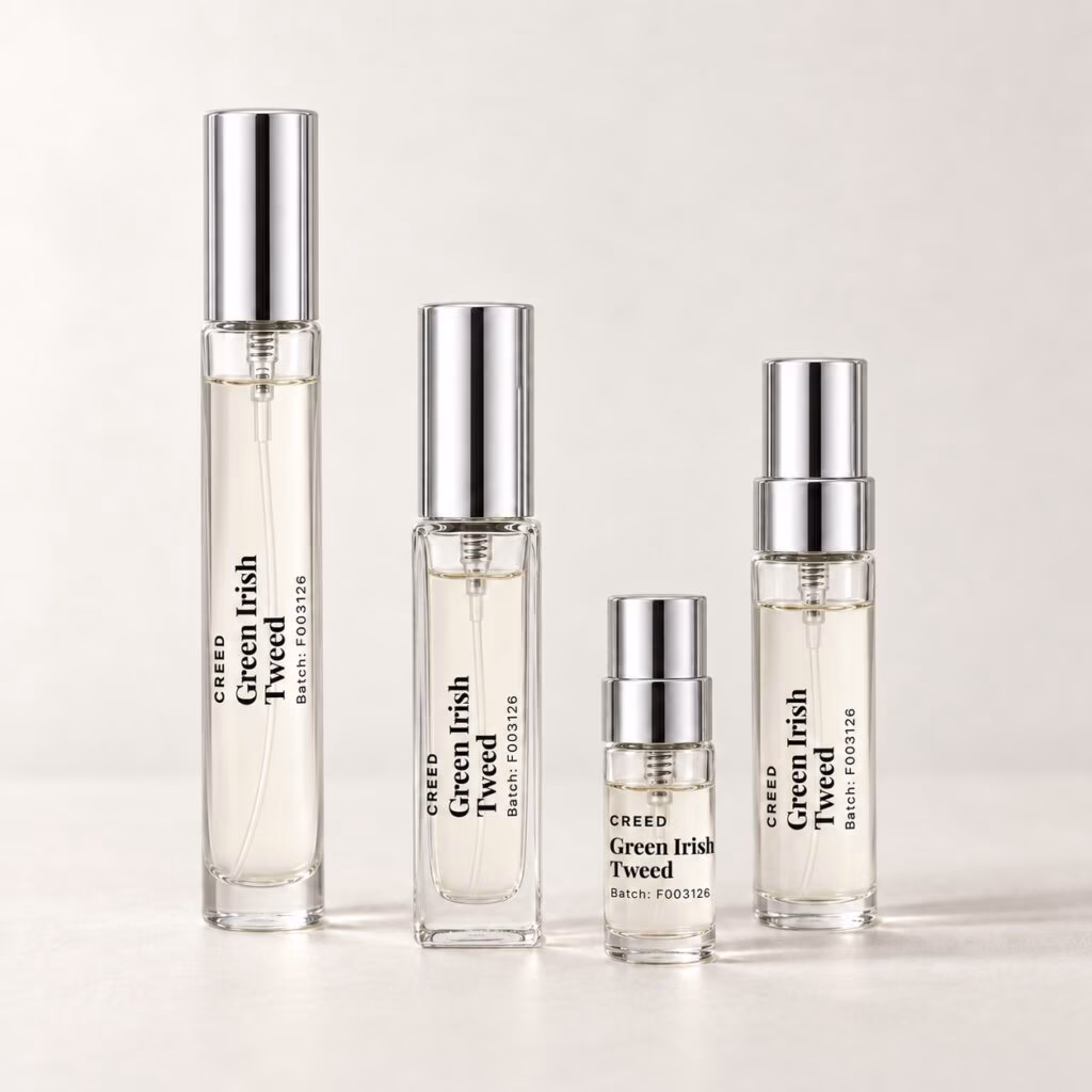 Four Green Irish Tweed decants with silver caps and transparent labels