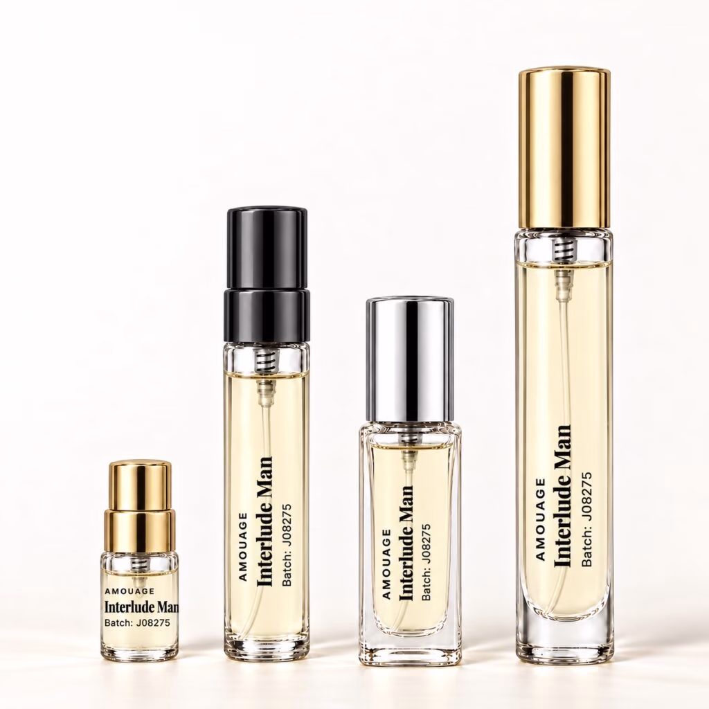 Interlude Man kolekcija decanata Four Amouage Interlude Man decants with transparent labels and black, gold and silver caps