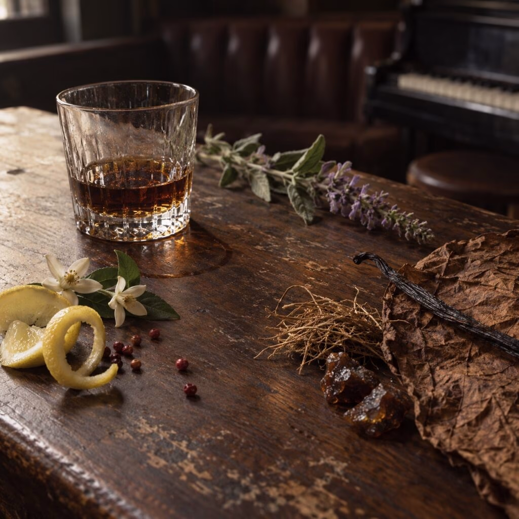 Rum, tobacco leaf, vanilla, lemon, pink pepper, orange blossoms, clary sage, vetiver roots and resin on a worn wooden table in a jazz lounge