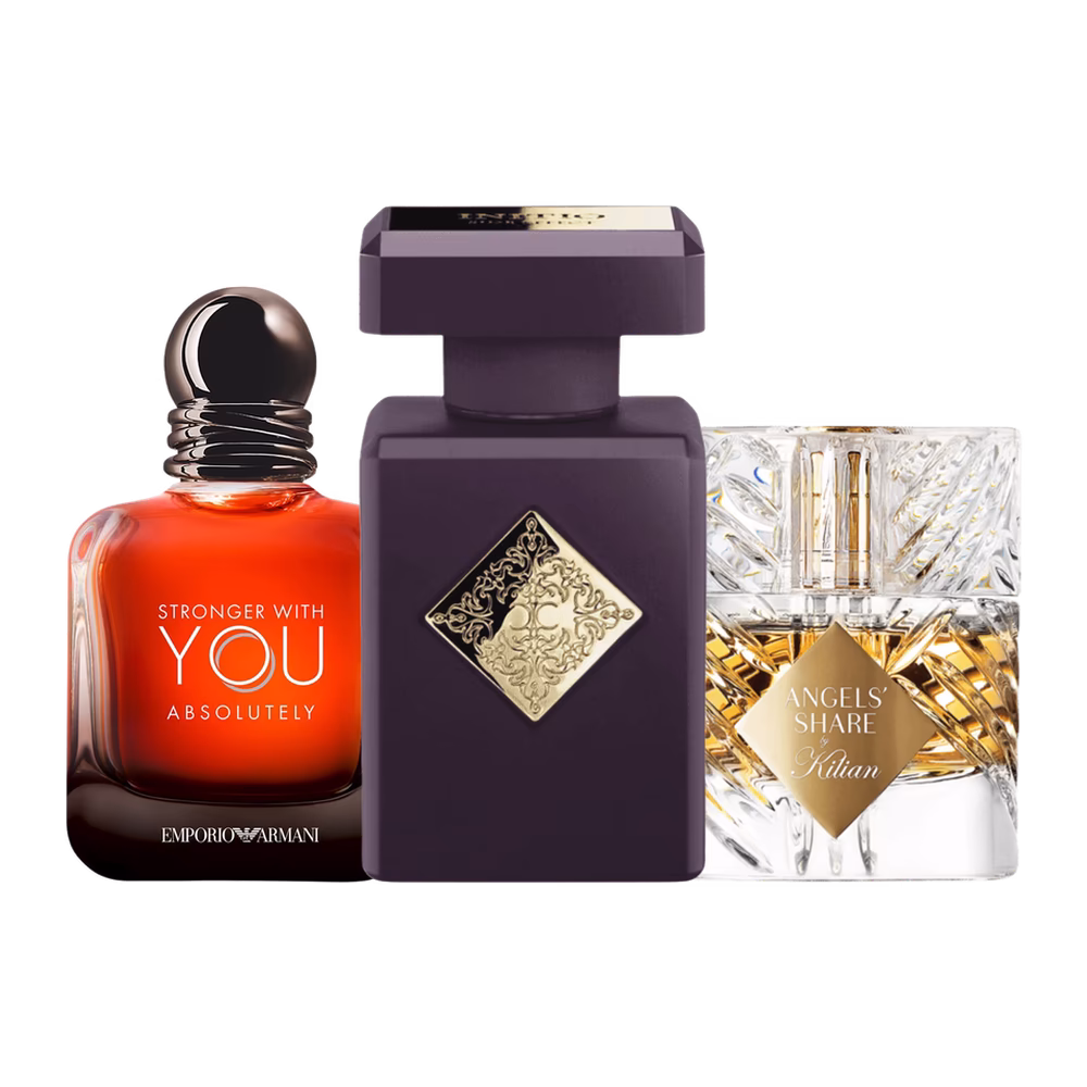 Last Call For Him Last Call For Him: Giorgio Armani Stronger With You Absolutely, Initio Side Effect and By Kilian Angels' Share bottles