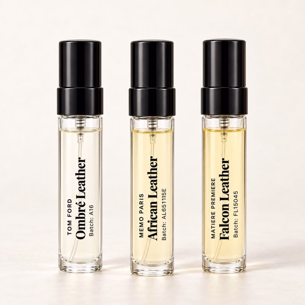 Leather, Three Ways: three labelled fragrance decants