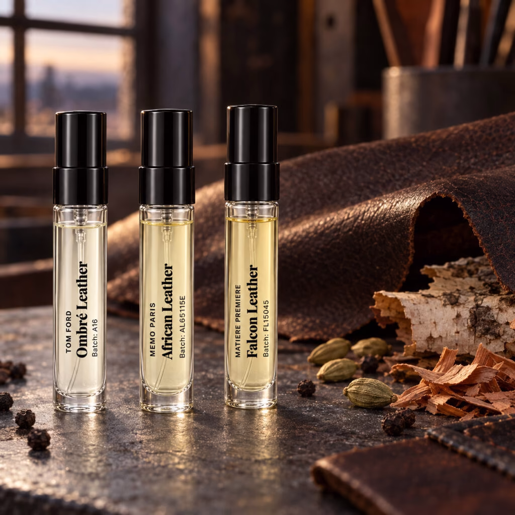 Leather, Three Ways: three fragrance decants in a themed scent still life