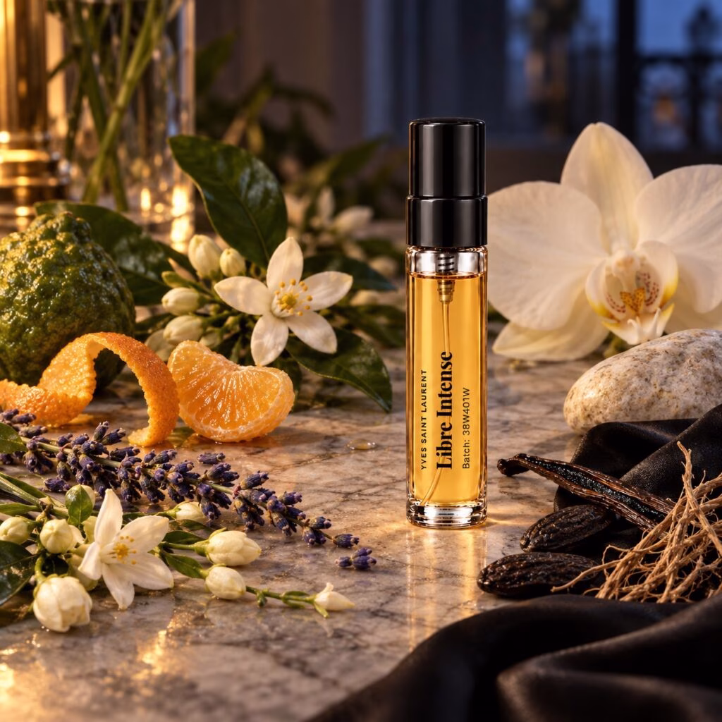 Black-capped Libre Intense decant with lavender, orange blossom, orchid, citrus and vanilla