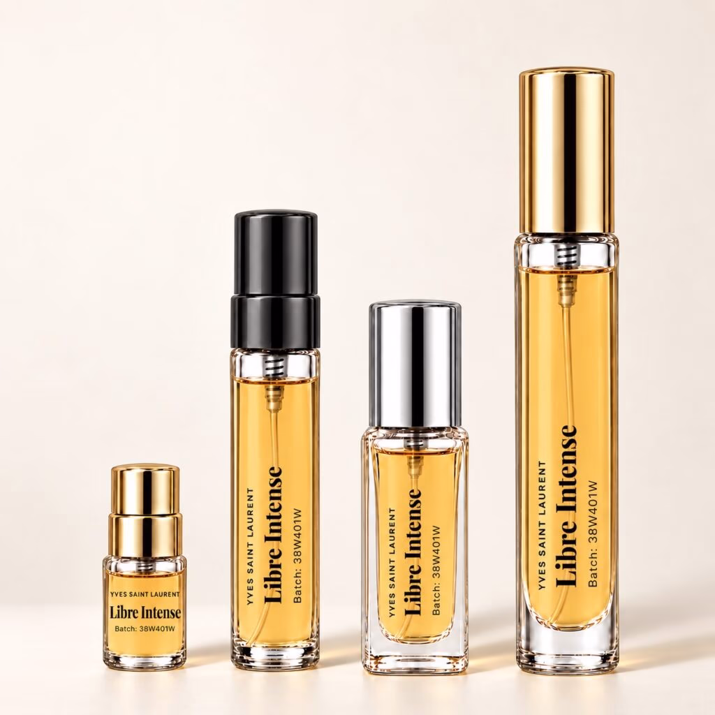 Four Libre Intense amber decants with transparent labels and gold, black and silver caps