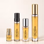Four Libre Intense amber decants with transparent labels and gold, black and silver caps