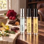 Louis Vuitton Trio: clear-labelled decants of Imagination, Nouveau Monde, Ombre Nomade in a natural scene evoking their fragrance notes.