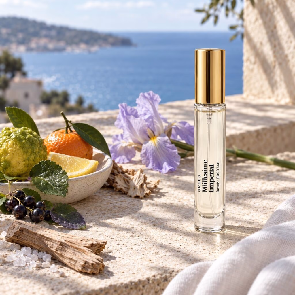 Gold-capped Millesime Imperial decant on a coastal ledge with citrus, iris, woods and sea salt