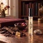 A black-capped More Than Words decant on a writer’s desk beside oud wood, resin and fruit and floral scent motifs.