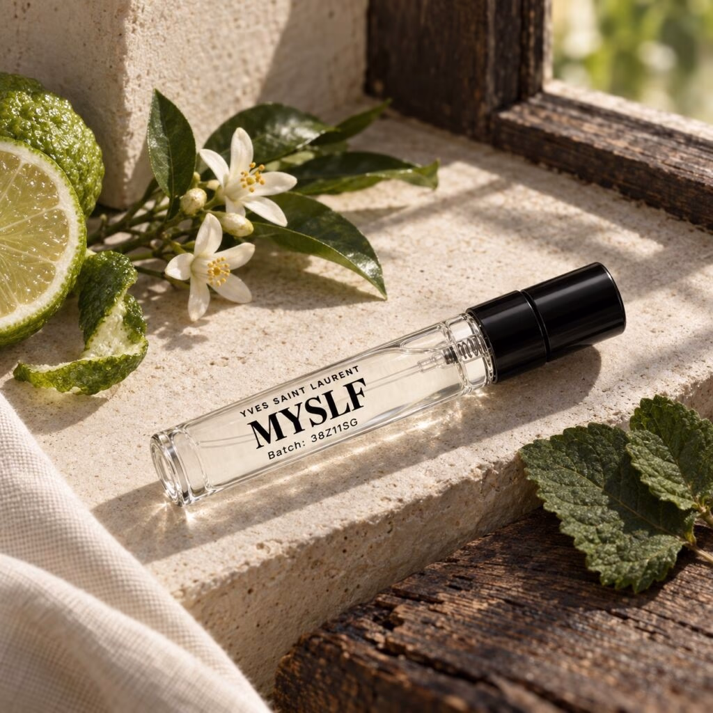 MYSLF decant in a fragrance-inspired photographic scene