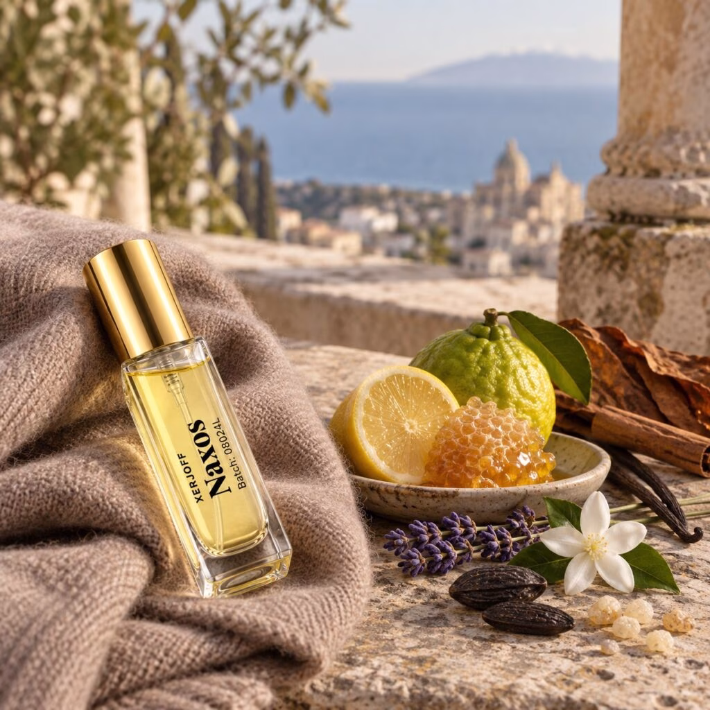 Naxos decant in a fragrance-inspired photographic scene