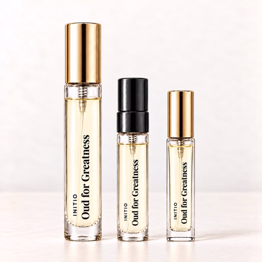 Oud for Greatness – regular and premium decant group Initio Oud for Greatness in three clear-labelled decants: a regular vial, slim rectangular premium 5 ml and round premium 10 ml.