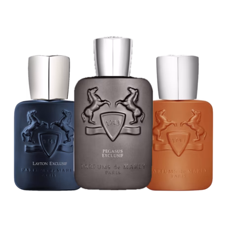 Marly Signature Trio For Him: Parfums de Marly Layton Exclusif, Parfums de Marly Pegasus Exclusif and Parfums de Marly Althaïr bottles