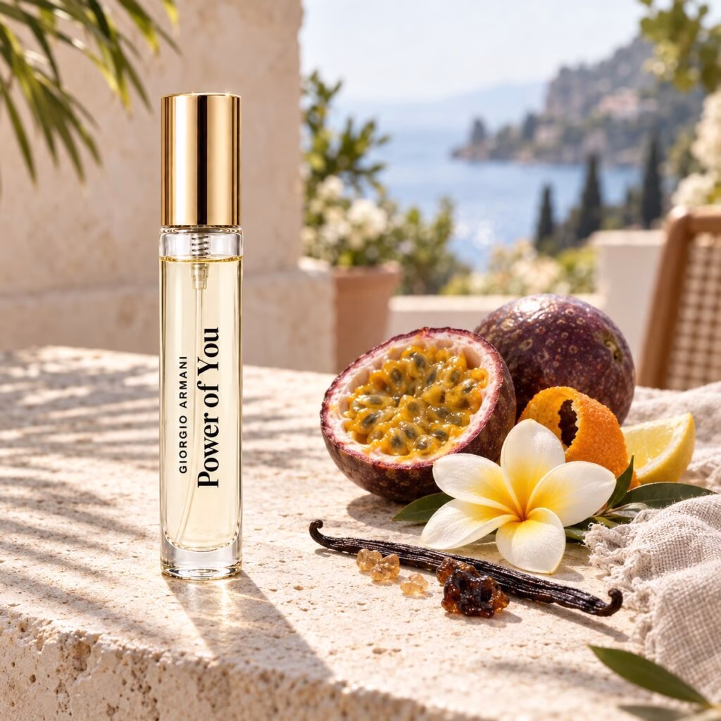 A Power of You decant on a sunny limestone terrace beside passionfruit, citrus, frangipani and vanilla.