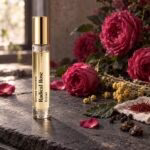A gold-capped Radical Rose Extrait decant on slate with May roses, immortelle, saffron, pepper and patchouli motifs.