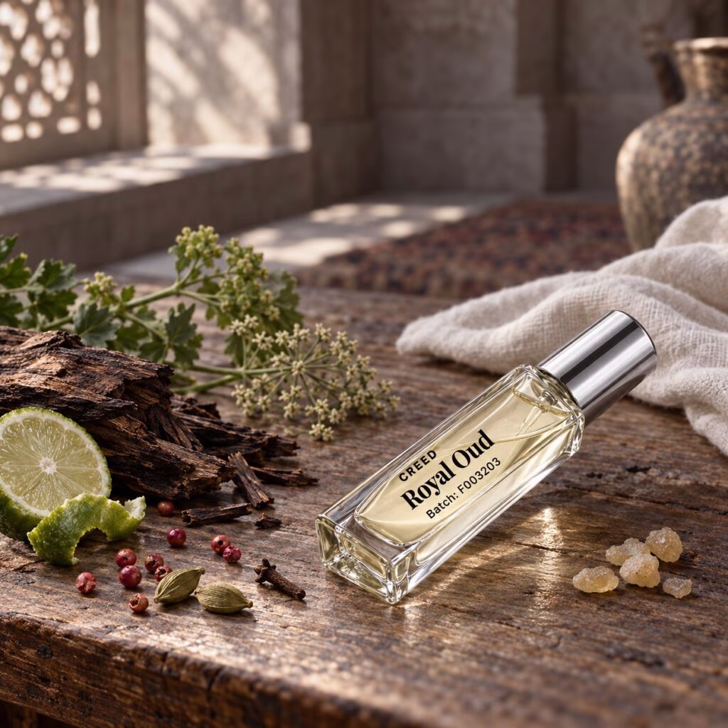 Decant de Royal Oud en una escena fotográfica inspirada en fragancias