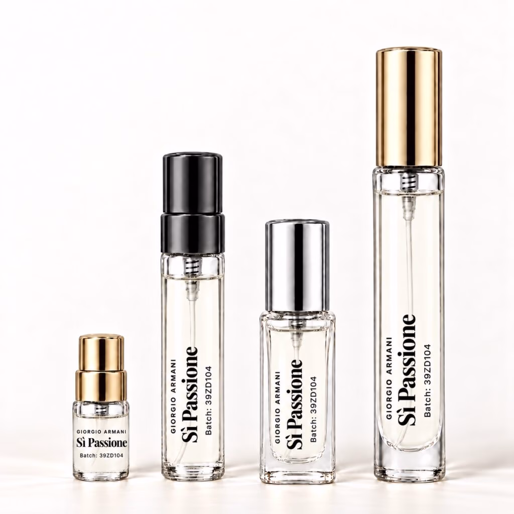 Si Passione dekant kolekcija Four Giorgio Armani Si Passione decants with transparent labels and nearly colourless liquid