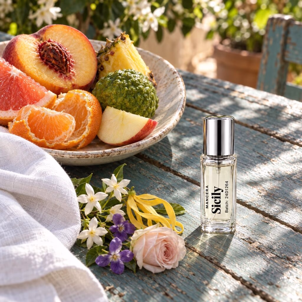 Silver-capped Sicily decant on a teal garden table with citrus, fruit and flowers
