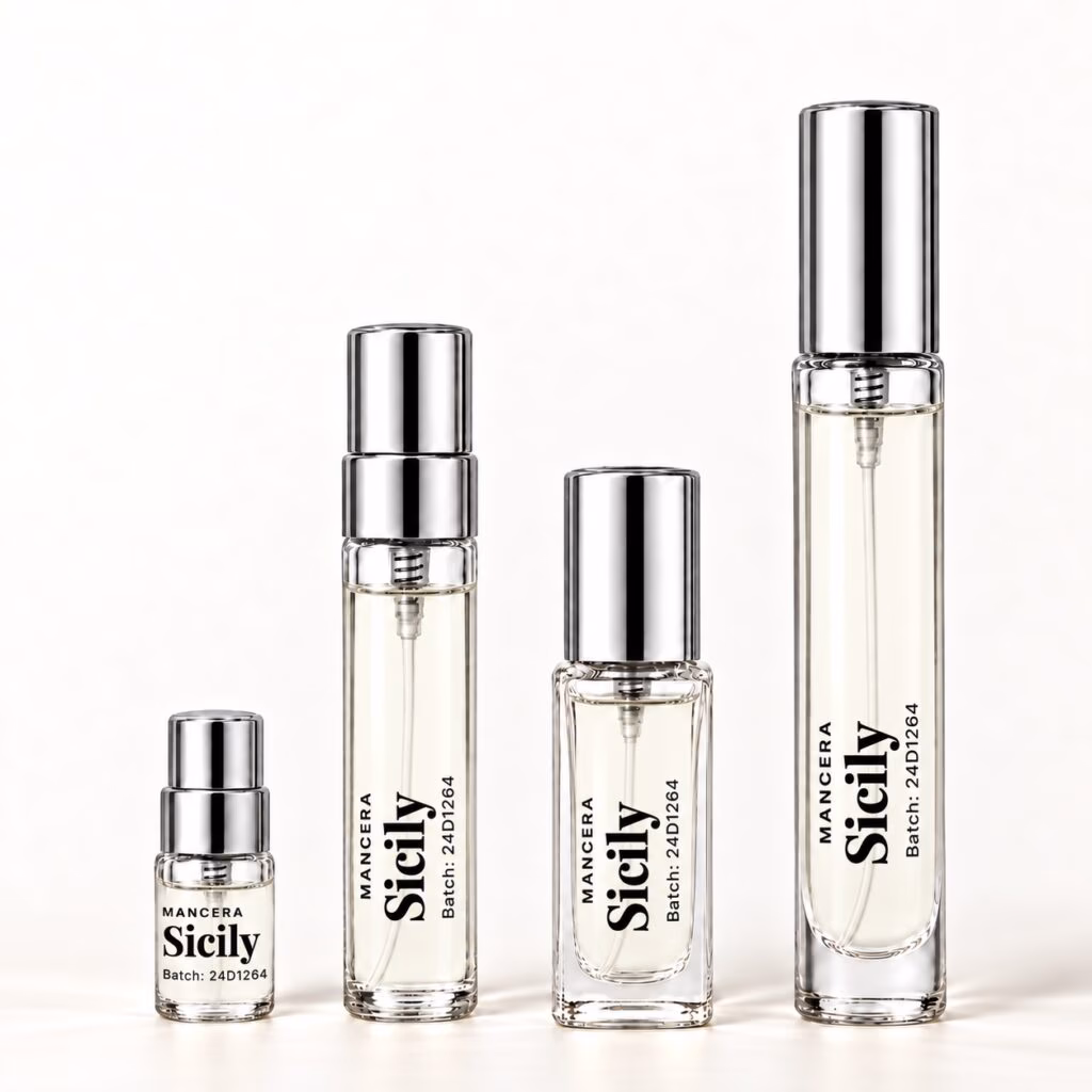 Four Mancera Sicily decants with transparent labels and silver caps