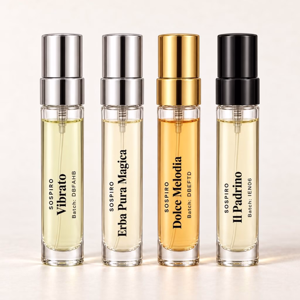 Sospiro Quartet – member decant group Sospiro Quartet: clear-labelled decants of Vibrato, Erba Pura Magica, Dolce Melodia, Il Padrino on an off-white studio background.