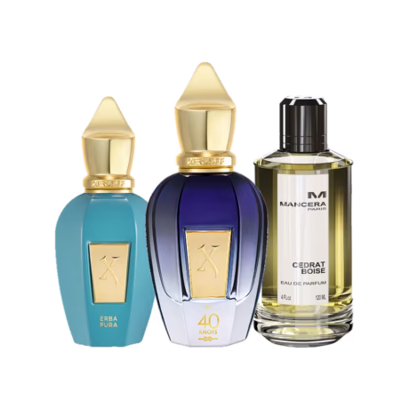 Summer Niche Trio For Him: Xerjoff Erba Pura, Xerjoff 40 Knots and Mancera Cedrat Boise bottles