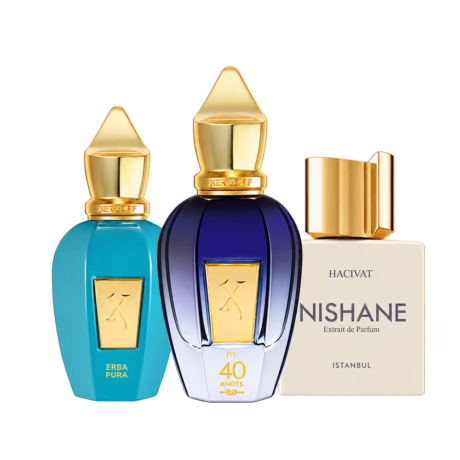Summer Niche Trio: Xerjoff Erba Pura, Xerjoff 40 Knots and Nishane Hacivat bottles