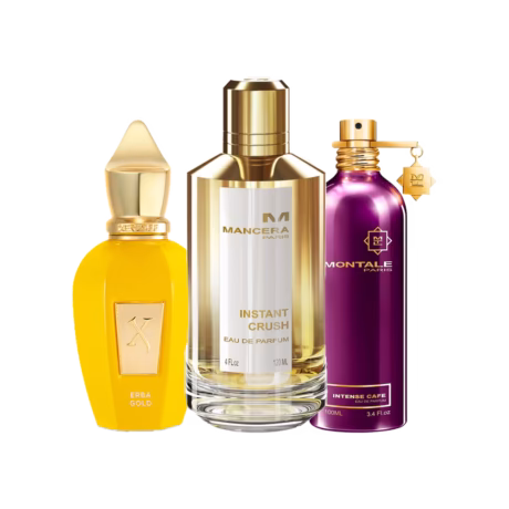 Sweet Addictions Set For Her: Xerjoff Erba Gold, Mancera Instant Crush and Montale Intense Cafe bottles