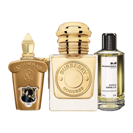 Vanilla Dream Set For Her: Casamorati 1888 Lira, Burberry Goddess and Mancera Coco Vanille bottles
