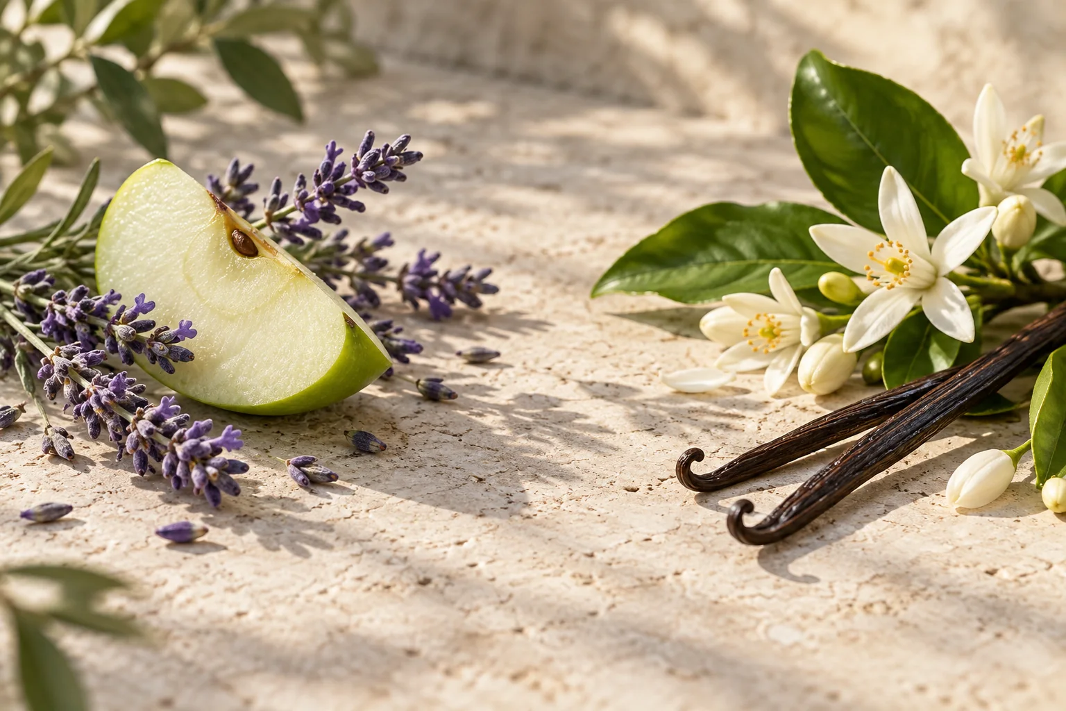 Green apple and lavender opposite vanilla pods and white orange blossoms