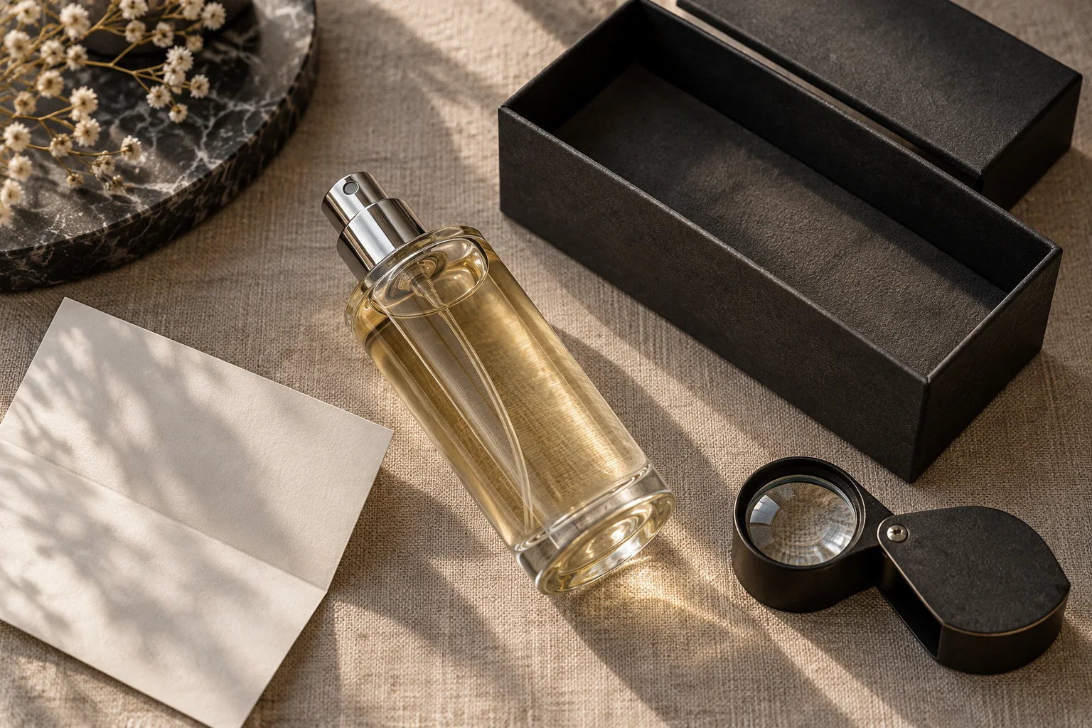AI-generated illustration of an unbranded atomizer beside an open charcoal box and loupe on linen