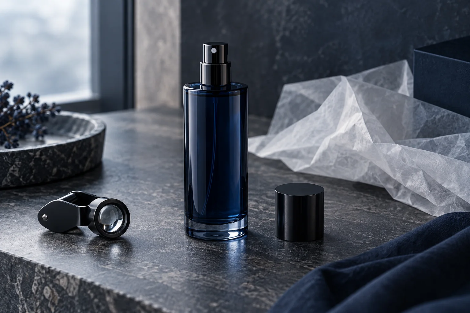 AI-generated illustration of an unbranded blue atomizer, black cap and loupe on grey stone