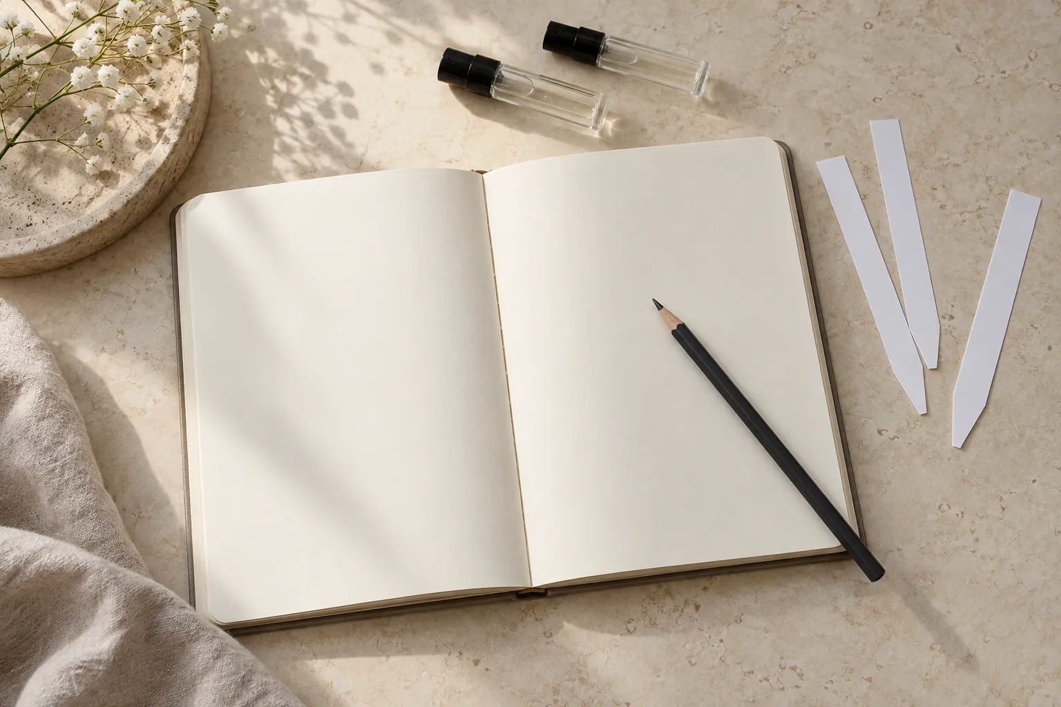 Open fragrance-testing notebook with two sample atomizers, a pencil and paper scent strips